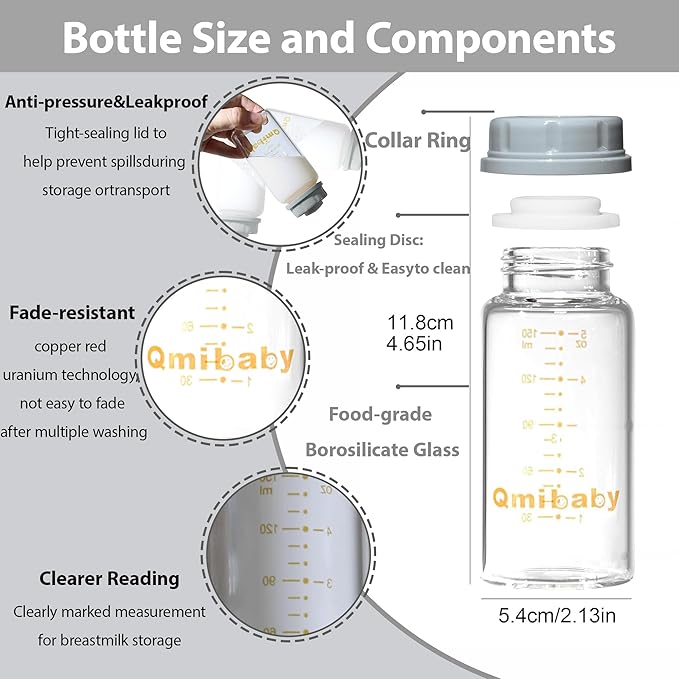 Natural Glass Baby Bottle 150ml 5oz Standard Neck Breast Milk Storage Bottles Compatible with Medela Breast Pumps for Breastmilk Storage Bottle Breastfeeding BPA-Free 4 Pack (Grey Lids)