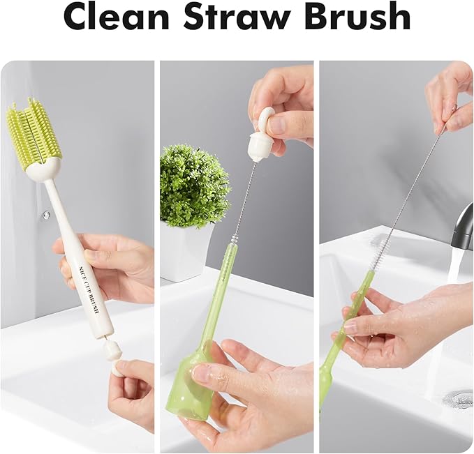 5-in-1 Baby Bottle Brush Kit, Silicone Bottle Brush for Baby Bottle and Breast Pumps, Sponge Nipple Brush with Replaceable Brush Head, Straw Brushes, Green