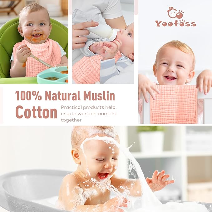 Yoofoss Muslin Burp Cloths for Baby 10 Pack 100% Organic Cotton Baby Washcloths for Boys Girls Large 20''X10'' Super Soft and Absorbent Blush