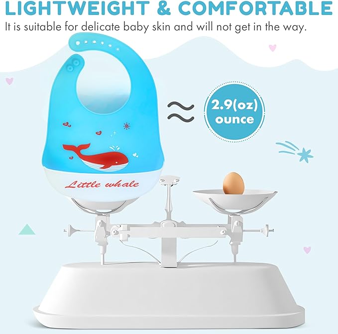 Silicone Baby Bibs Unisex, Self-Feeding, Catch-all Large Pocket, 6-48 months, BPA-Phthalate Free, w/Travel Case