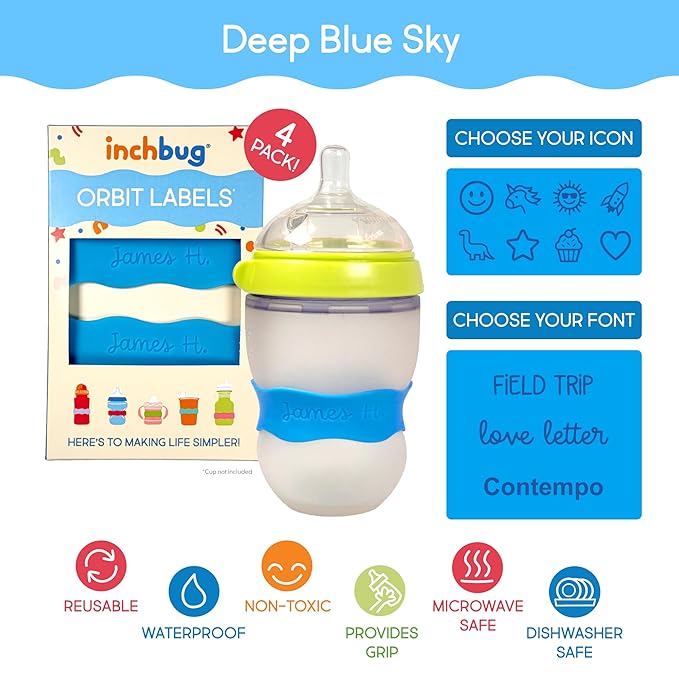 InchBug Orbit Labels Baby Bottle and Water Bottle Silicone Name Bands – Personalized Reusable Label Set for Daycare, Sippy Cups, Preschool, Elementary School, Dishwasher Safe, 4-Pack (Deep Sky Blue)