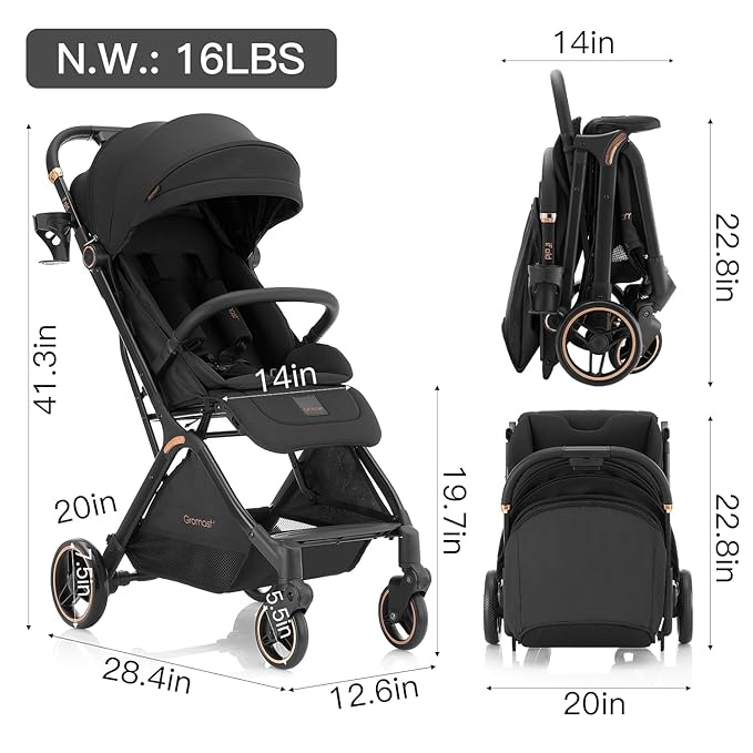 Gravity Folding Baby Stroller - Portable Travel Toddler Stroller w/Adjustable Backrest & Canopy, Cup Holder, Lightweight and UV Protected, One-Hand Automatic Folding - Black