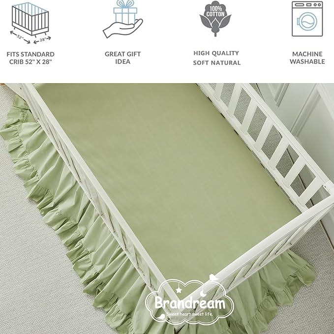 Brandream Farmhouse Crib Bedding Sets for Girls and Boys | 3 Piece Nursery Set Light Green Ruffles | Baby Comforter, Fitted Crib Sheet, Crib Skirt Included,100% Cotton Percale
