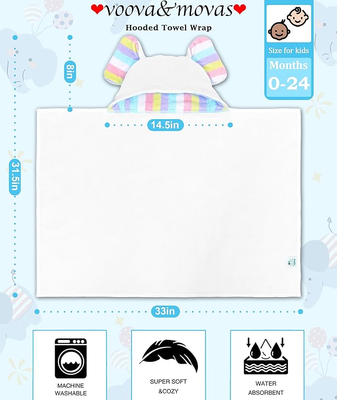 VOOVA & MOVAS Thick Baby Hooded Bath Towel - 100% Cotton,500GSM, 33x31.5 Inches,0-2Years, Super Absorbent Large Towel with Cute Elephant Ears Hood for Newborn, Baby, Infant, Baby Essentials,White