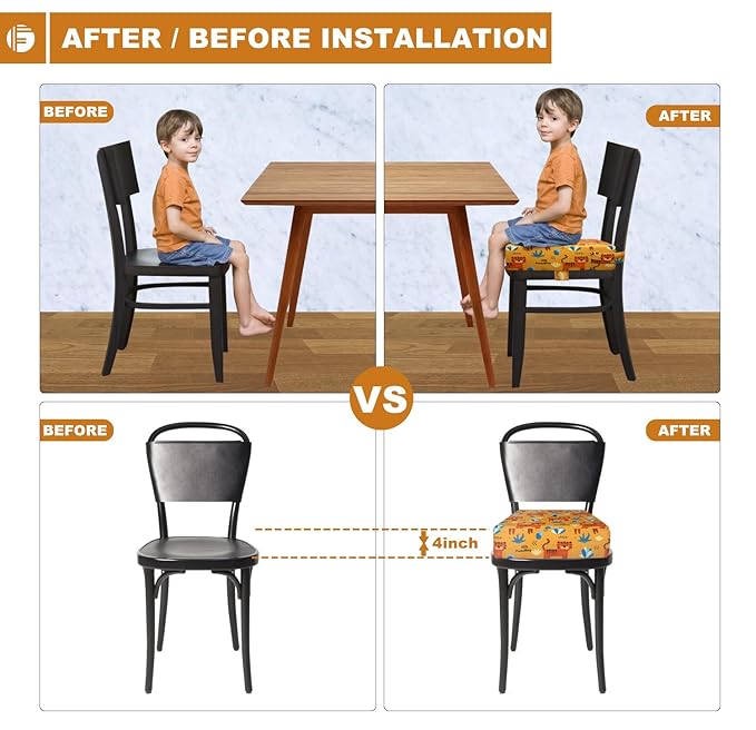 Toddler Booster Seat for Dining Table, Portable Booster Seat for Kitchen Chair, 4 Inch High-Density Foam Cushion with Adjustable Safety Straps and Non-Slip Bottom, Perfect for Kids Travel and Daily
