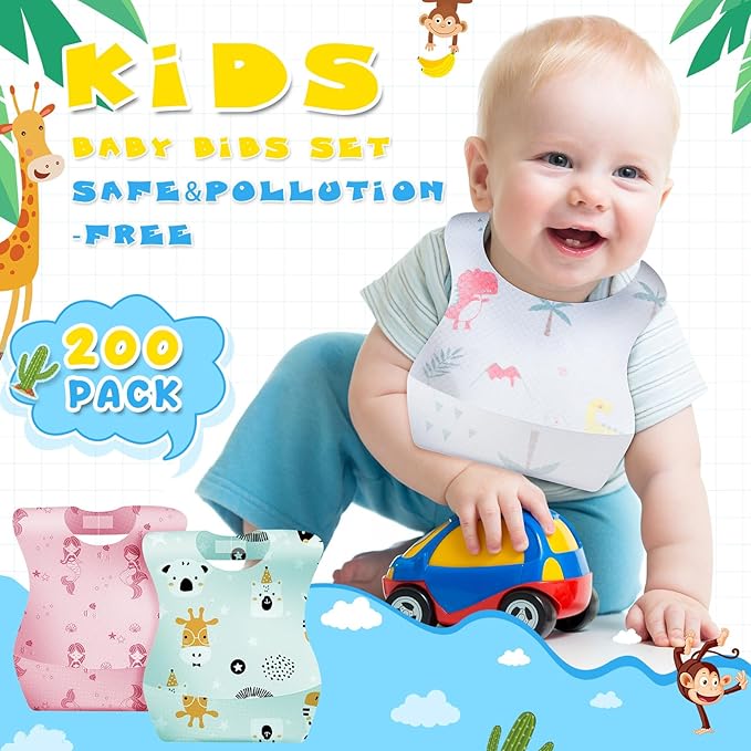 100/200 Pcs Disposable Baby Bibs Bulk Travel Feeding Bib Soft Food Catcher Pocket for Toddlers Girls Boys