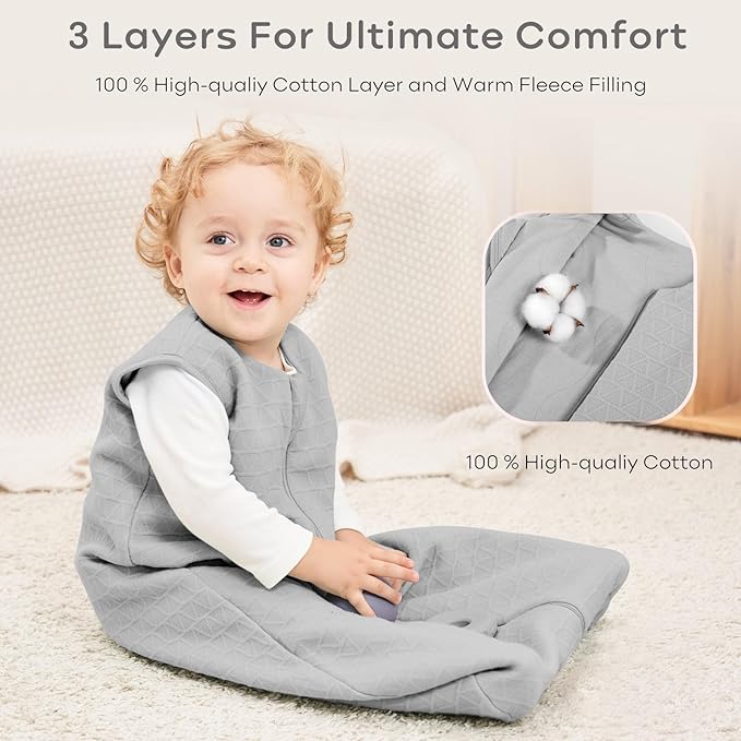 Yoofoss Baby Sleep Sack 0-6 Months, 2.0 TOG Baby Wearable Blanket with 2-Way Zipper, 100% Cotton Fabric Winter Newborn Sleeping sack, Warm Soft Comfy Grey(Small)