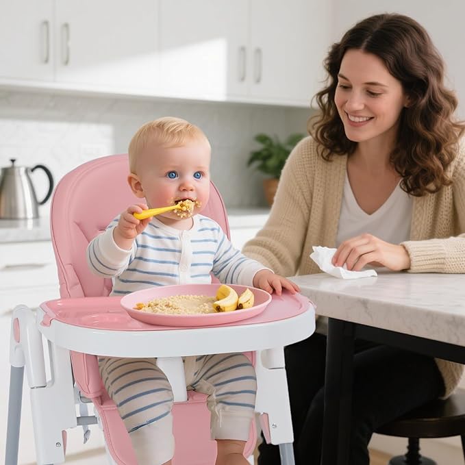 3 in 1 Foldable Baby High Chair, Infant High Chairs for Babies and Toddlers, 6 Height & 5 Recline Adjustable Toddler Feeding Chair, 2 Tray Depth & 3 Footrest Angles, 2 Built-in Wheels, Pink