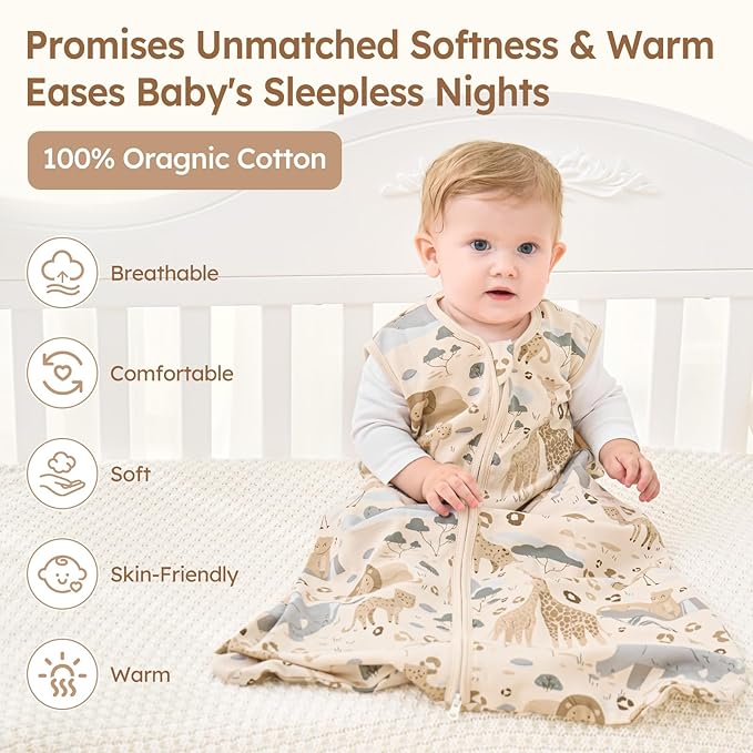 Baby Sleep Sack 6-12 Months 100% Cotton Lightweight 0.5 TOG Wearable Blanket Baby Sleep Bag with 2-Way Zipper for Newborn Infant Apricot Elephant