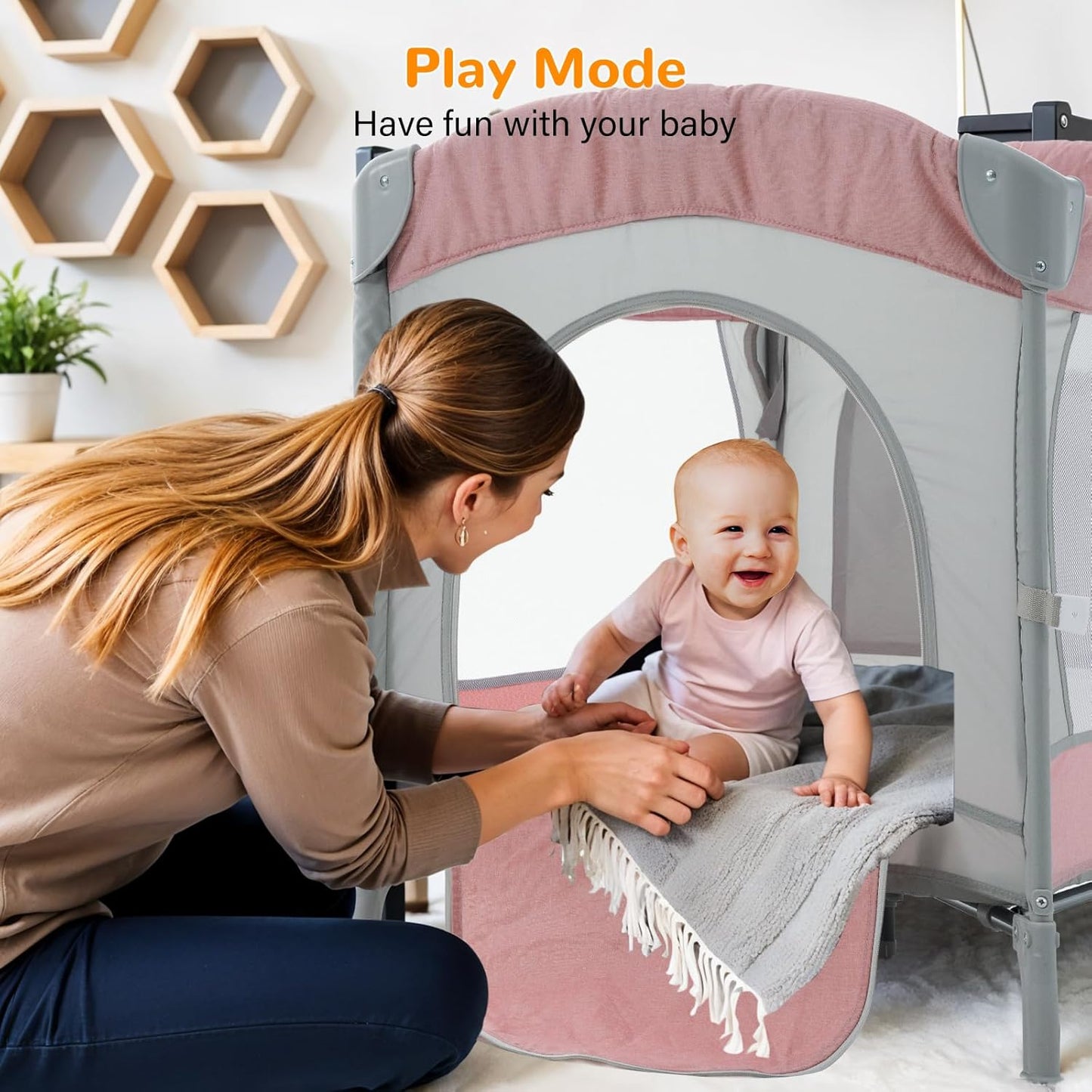 5 in 1 Baby Crib,Bedside Sleeper,Bassinet,Pack and Play with Bassinet and Changing Table,Portable Travel Playpen Music Box,Portable Travel Crib for Infant Newborn (Pink Gray)