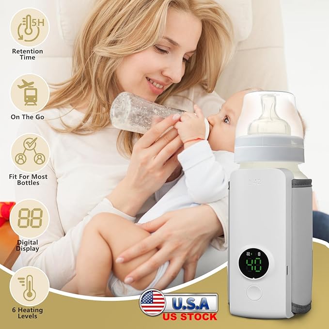Portable Bottle Warmer for Travel, Instant Heating & Constant Warming, Portable Baby Bottle Warmer On The Go for Breastmilk, Large Capacity Battery-Powered & Rechargeable, Temperature Display