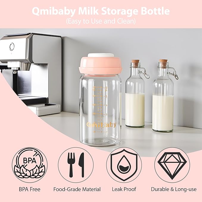 Breast Milk Storage Bottles 240ml 8oz BPA-Free Leak-Proof Natural Baby Bottle for Breastmilk Storage Wide Neck Bottles with Screw Ring Sealing Disk Breastfeeding (Grey+Pink, 240ml-6Packs)