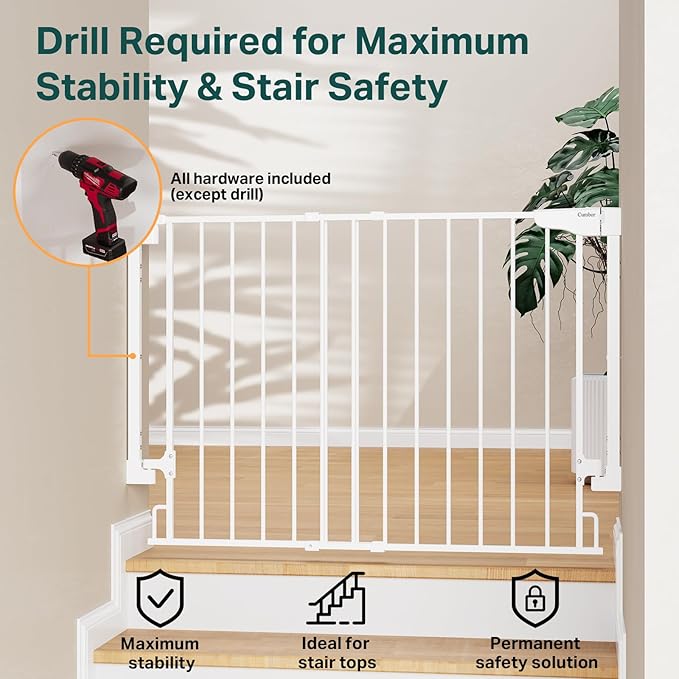 Cumbor 29.2–43" Baby Gate for Stairs, Wall-Mounted (Drill Required), Expandable No Bottom Bar Dog Gate, Auto Close Extra Wide Walk Thru, Pet & Toddler Proof Gate, Top & Bottom of Stairways (White)