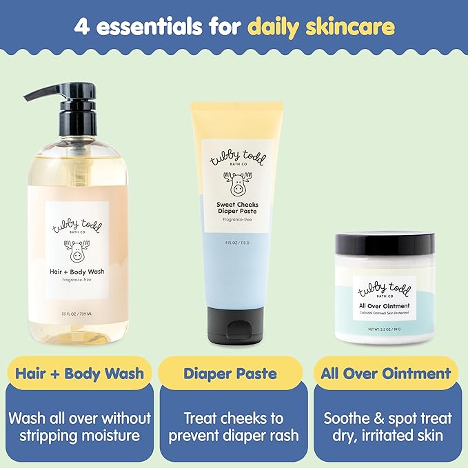 TUBBY TODD Baby Bundle Newborn Skin Care Set - Hypoallergenic Hair + Body Wash, All Over Ointment with Colloidal Oatmeal, Sweet Cheeks Diaper Paste - Fragrance-Free, Full Size