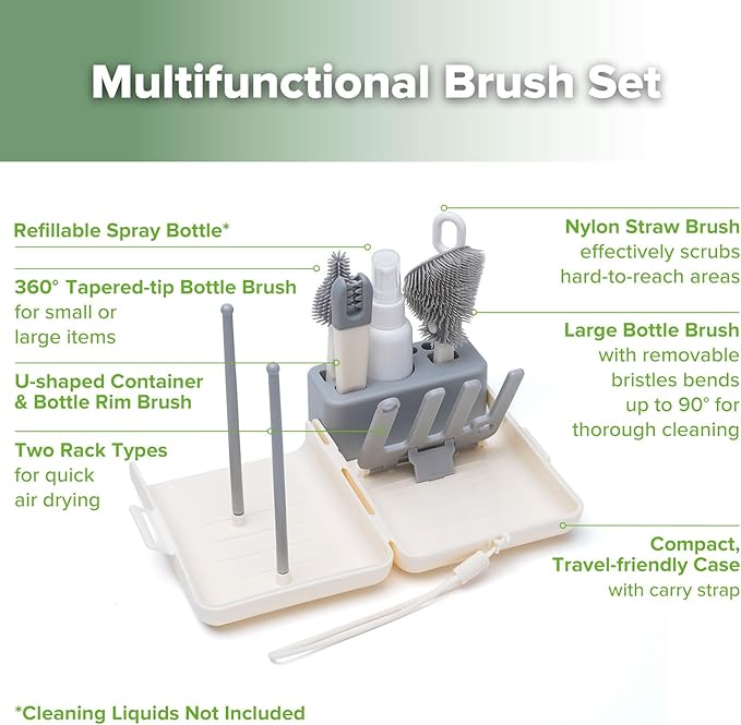 haakaa Travel Bottle Brush Set – 7-in-1 Baby Bottle Cleaner Kit with Bottle Brush, 360° Brush, Straw Brush, U-Shaped Brush, Spray Bottle&Drying Rack for Home and Travel