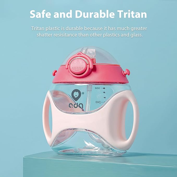 Baby Straw Water Bottle with Handles and Strap, Portable Travel Toddler Cup for School,11 Ounce(Pink)