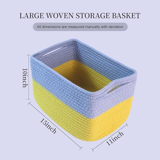 Hopegiver 3 Pack Storage Baskets for Organizing with Handle, Woven Baskets for Shelves - Durable Gift Basket for Cloth Toys Books Baby, Cotton Rope Basket for Dog Cat, 11x8x7 Inch(Blue&Yellow)