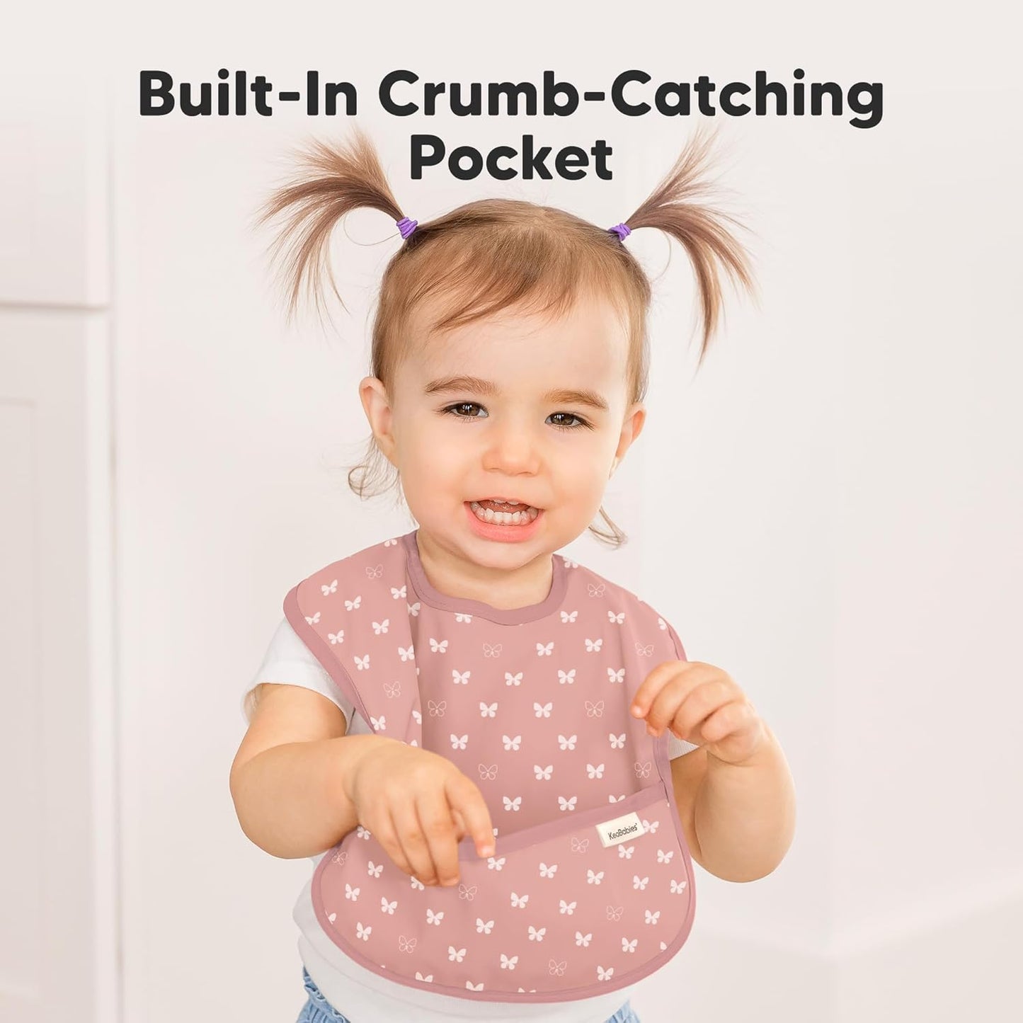 3-Pack Waterproof Baby Bibs for Eating - Lightweight Toddler Feeding Bibs with Large Food Catcher, Mess Proof, Food-Grade Baby Eating Essentials, Easy to Put On & Clean (Butterflies)