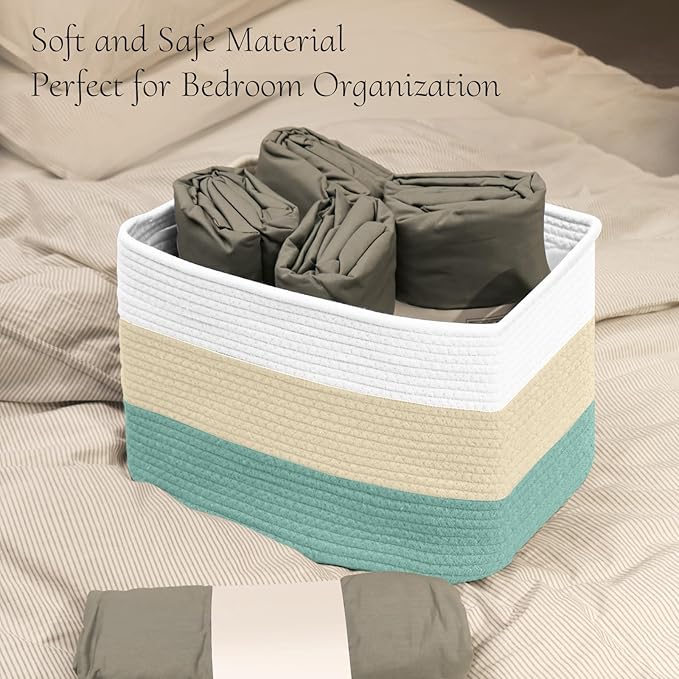 Hopegiver Storage Baskets for Organizing with Handle, Woven Baskets for Shelves - Durable Gift Basket for Cloth Toys Books Baby, Cotton Rope Basket for Dog Cat, 15x11x10 Inch(White&Cream&Green)