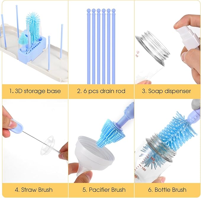 Portable Baby Bottle Brush Set, 7-in-1 Travel Baby Bottle Cleaning Kit, Portable Bottle Washing Kit with Silicone Bottle Brush, Nipple Brush, Straw Brush, Drying Rack for Home and Travel (Blue)