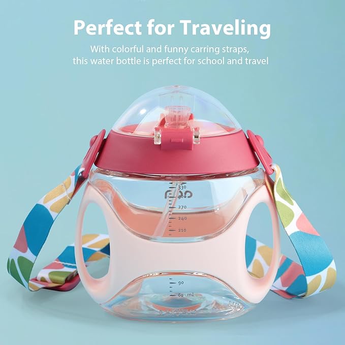 Baby Straw Water Bottle with Handles and Strap, Portable Travel Toddler Cup for School,11 Ounce(Pink)