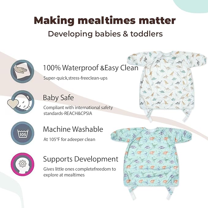 Happy Flute Long Sleeve Baby Bib-Mess Proof Baby Feeding Bibs with Adjustable Design for Babies during Eating or Highchair