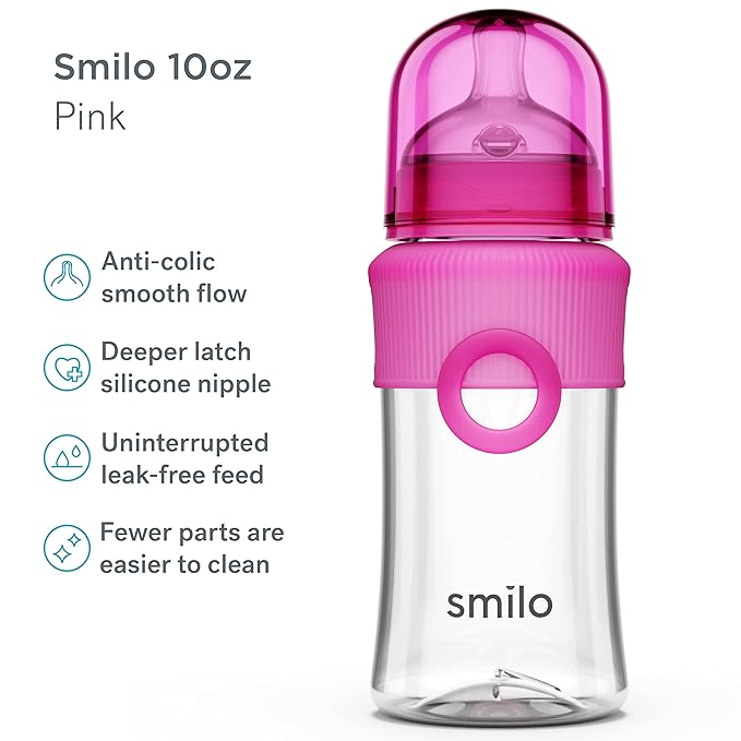 Smilo Baby Bottle Set with Stage 0 Slow Flow Anti Colic Nipple, 10 Oz / 300 ml Capacity, 3X Pack of Anti Colic Baby Bottles 0-3 Months - Pink