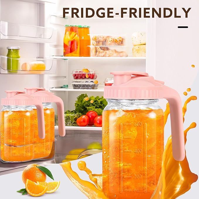 Glass Pitcher with Lid, 64 OZ Mason Jar Pitcher Double Leak Proof, 2 Quart Breast Milk Storage Containers for Fridge, Wide Mouth Glass Jar for Sun Tea, Juice, Cold Brew Coffee