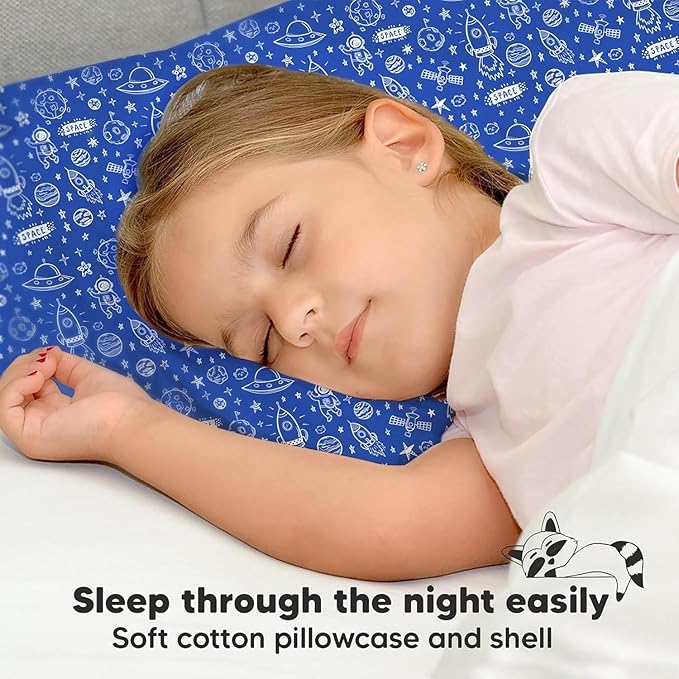 Toddler Pillow with Pillowcase - 13x18 My Little Dreamy Kids Travel Bed Pillows for Sleeping, Organic Cotton Small Pillowcase, Soft & Breathable, Machine Washable,Toddlers 2-5 Years Old(Off to Space)