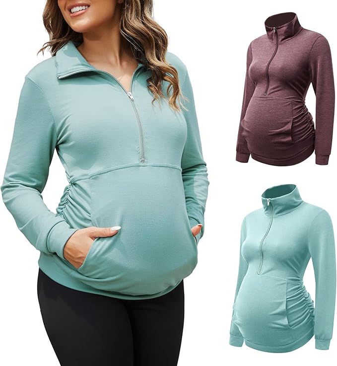 GINKANA Maternity Women's Long Sleeve Shirt Half Zipper Lapel Lightweight Casual Maternity Pullover with Pockets
