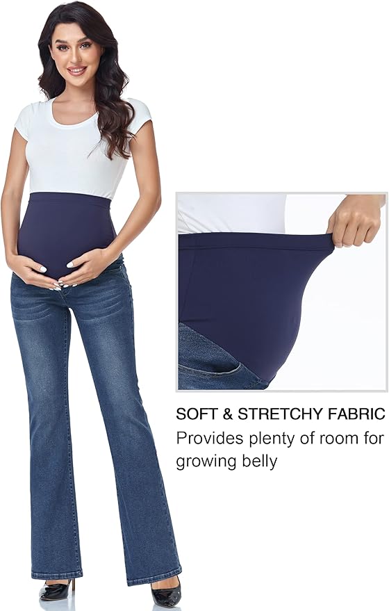 GLAMIX Women's Stretch Maternity Bootcut Jeans with Pockets Over The Belly Bell Bottoms Flare Denim Pants Pregnancy Clothes