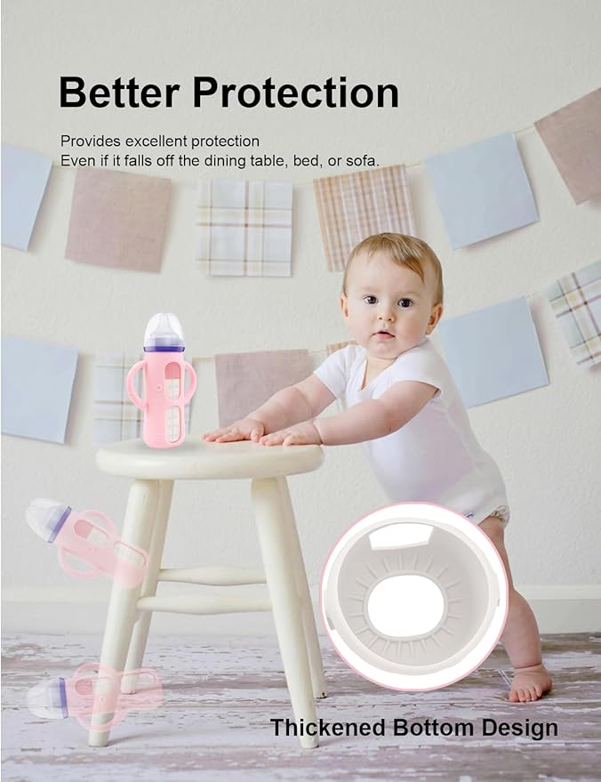 ZCH 4-Pack Silicone Sleeves with Handles for Lansinoh Glass Bottles, BPA-Free Drop-Resistant Baby Bottle Sleeves with Handles, Compatible with Lansinoh Anti-Colic Glass Baby Bottles (8 oz)