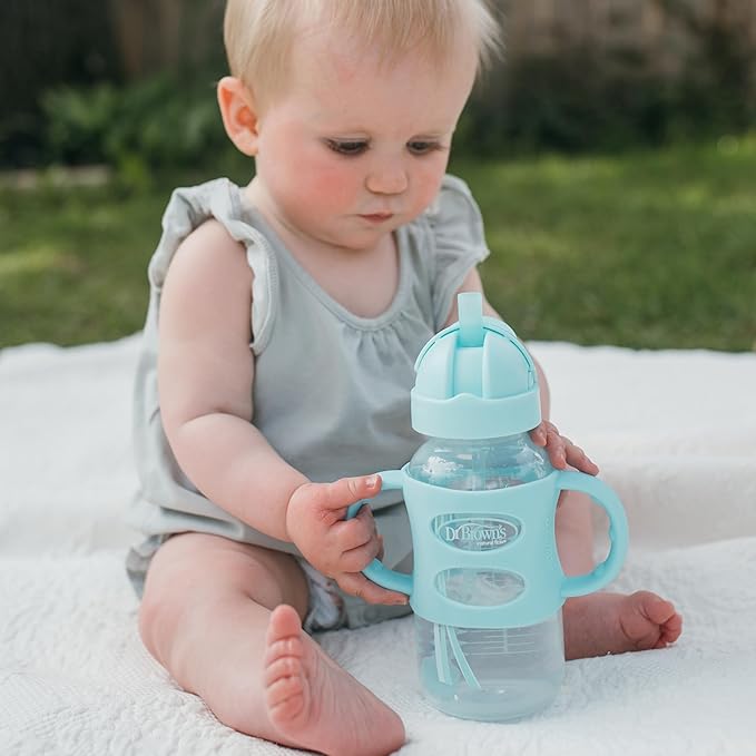 Dr. Brown's Milestones Wide-Neck Sippy Straw Bottle with 100% Silicone Handles and Weighted Straw, 9 oz/270 mL, Green, 6m+