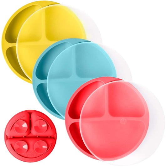 WeeSprout Suction Plates with Lids for Babies & Toddlers - 100% Silicone, Dinnerware Stays Put, Divided Design for Picky Eaters, Microwave & Dishwasher Friendly, 3 Pack
