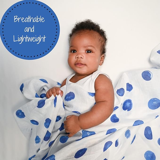 LollyBanks Swaddle Blanket - 100% Cotton Muslin Swaddle, 47 x 47 Inches, Neutral, Baby Essentials, Blue Dots Print