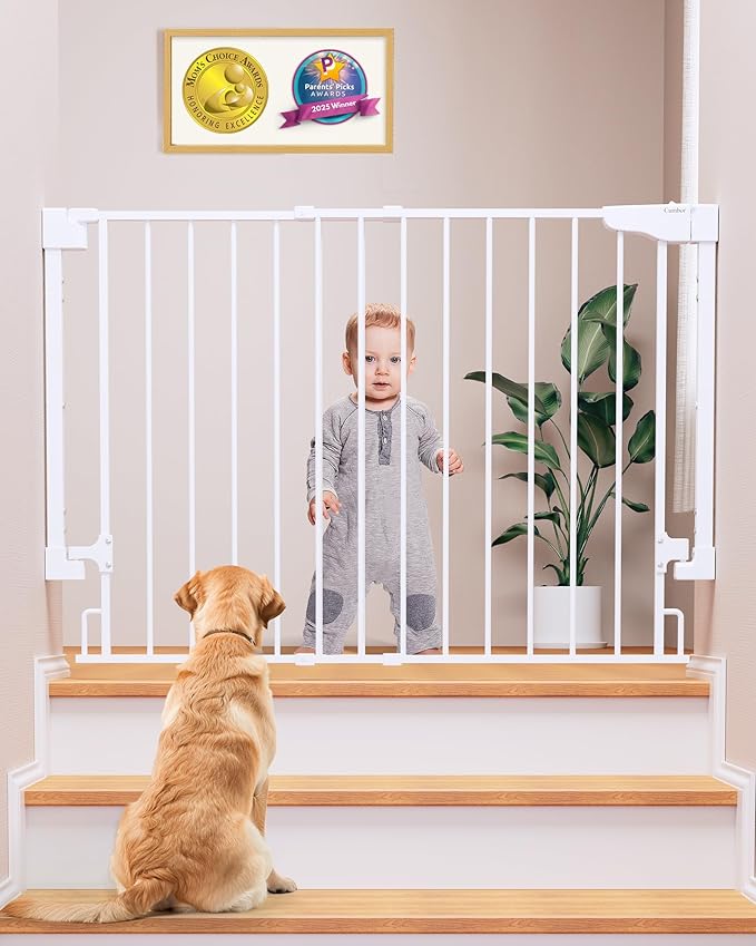Cumbor 29.2–43" Baby Gate for Stairs, Wall-Mounted (Drill Required), Expandable No Bottom Bar Dog Gate, Auto Close Extra Wide Walk Thru, Pet & Toddler Proof Gate, Top & Bottom of Stairways (White)
