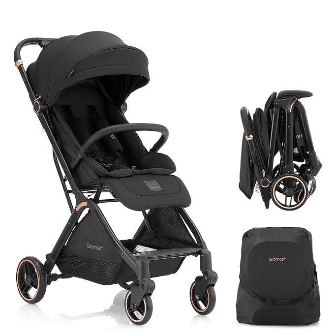 Gravity Folding Baby Stroller - Portable Travel Toddler Stroller w/Adjustable Backrest & Canopy, Cup Holder, Lightweight and UV Protected, One-Hand Automatic Folding - Black