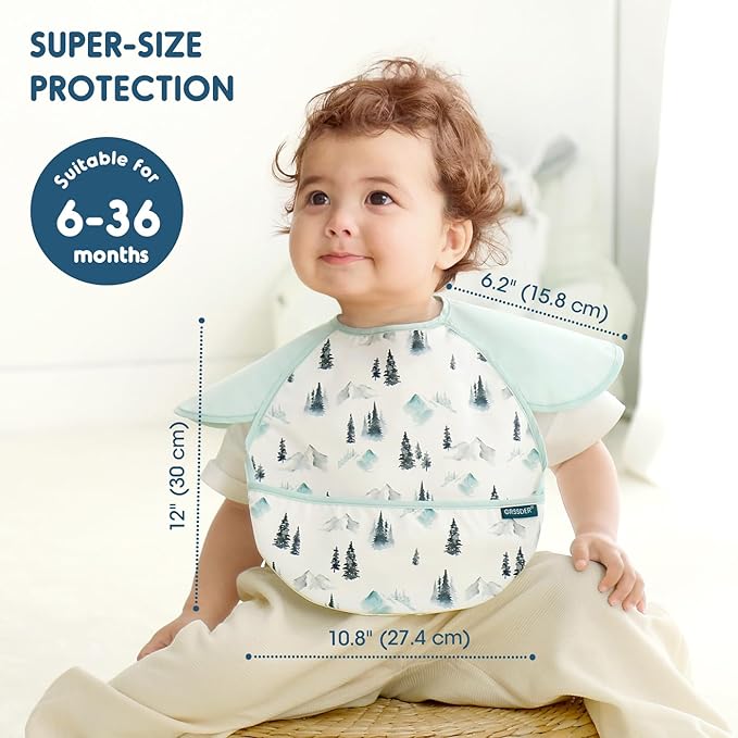GRSSDER 3-pack Mess Proof Baby Feeding Bibs with Food Catcher Pocket, Soft Lightweight Waterproof Fabric Material with Zero Plastic-like Feel, Adjustable and Easy Clean Toddler Bibs for 6-36 Months