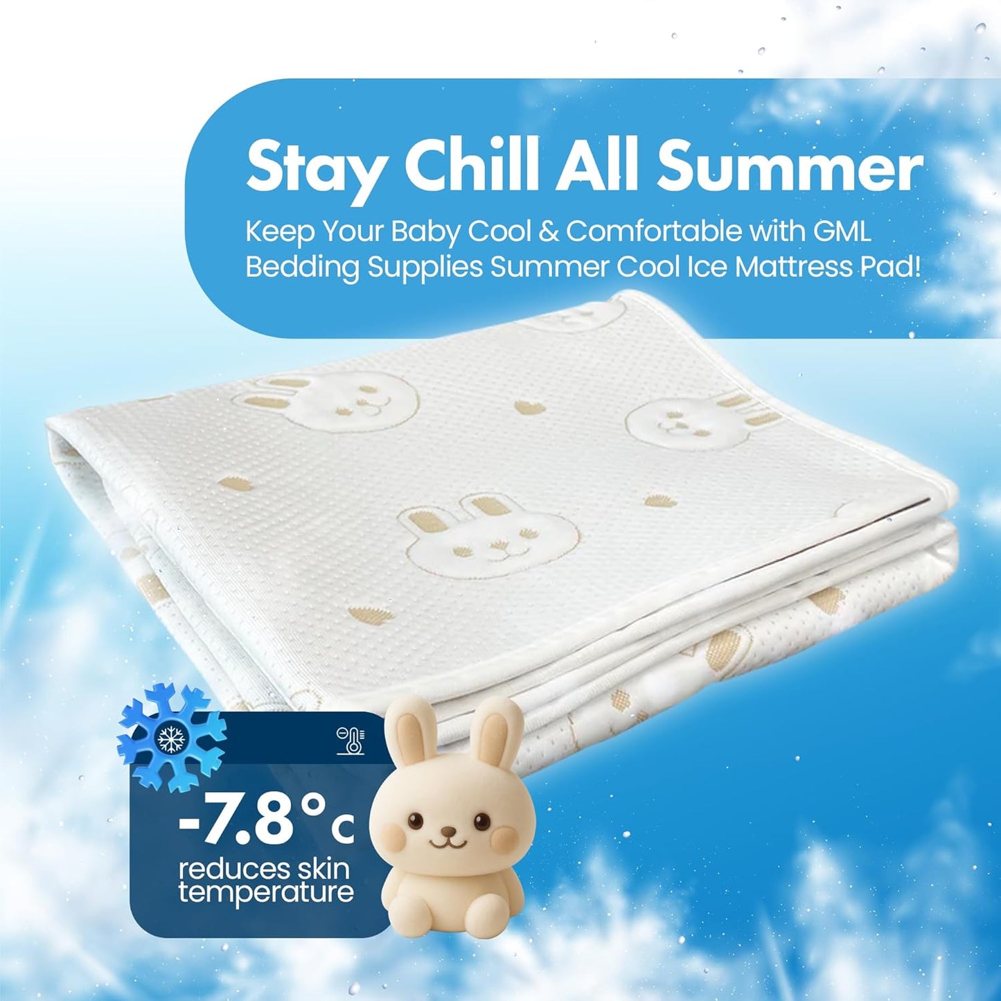 GML Bunny Cooling Crib Mattress Pad – Waterproof, Breathable Baby Mattress Protector for Toddler Bed – Hypoallergenic, Soft & Durable for Sensitive Skin – Made in Korea, Q-Max 0.4 Medium Size, 39.4X59