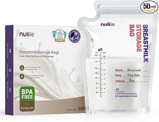 Nuliie 50 Pcs Breastmilk Storage Bags, 8 OZ Breast Milk Storing Bags, BPA-Free, Milk Storage Bags with Pour Spout for Breastfeeding, Self-Standing Bag, Space Saving Flat Profile