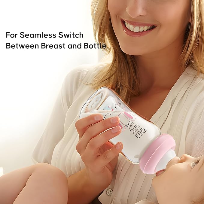 YOHKOH Natural Glass Baby Bottle with Natural Response Nipple, Newborn Anti-Colic Baby Bottles, Wide Neck Mushroom Cap Baby Bottle, Clear ((5.4oz (Pack of 4), Purple)