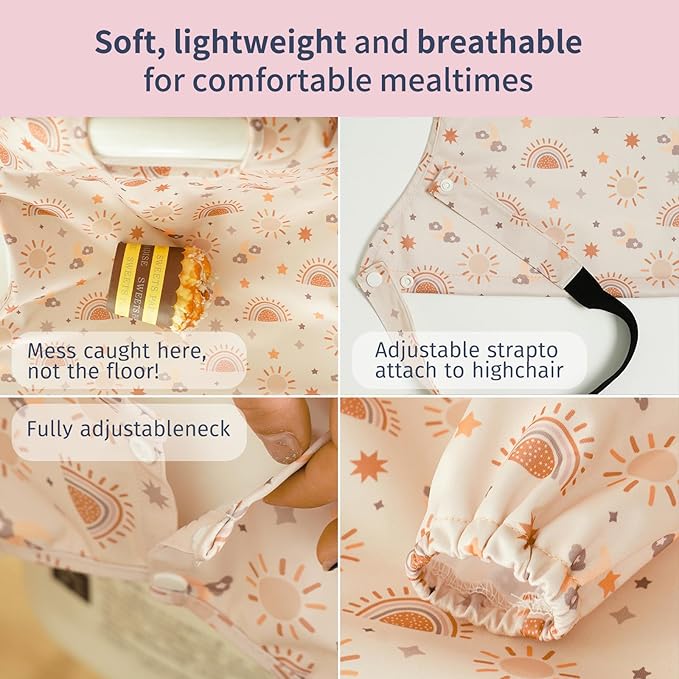 Long Sleeve Baby Bib - Mess-Proof Feeding Bibs for Babies - Adjustable, Waterproof, and Highchair/Table Attachment
