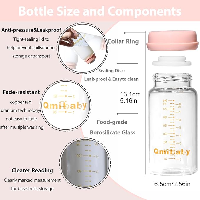 Breast Milk Storage Bottles 240ml 8oz BPA-Free Leak-Proof Natural Baby Bottle for Breastmilk Storage Wide Neck Bottles with Screw Ring Sealing Disk Breastfeeding (Grey+Pink, 240ml-4Packs)