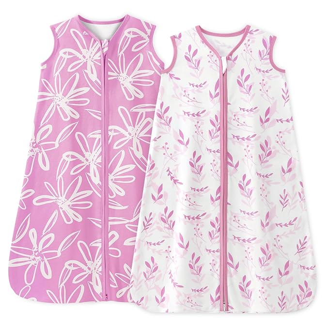 Baby Sleep Sack 0-6 Months 1.0 Tog Baby Wearable Blanket 100% Cotton Sleeping Sack with 2-Way Zipper for Infant Newborn Purple Leaf