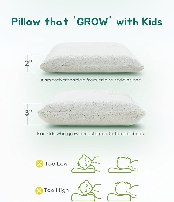 Toddler Pillow, Adjustable Memory Foam Small Pillow for Toddler 2 Years & Above, 13” x 18” Mini Size for Kid Sleeping, Napping or Traveling, Washable No Zipper Pillowcase, Green
