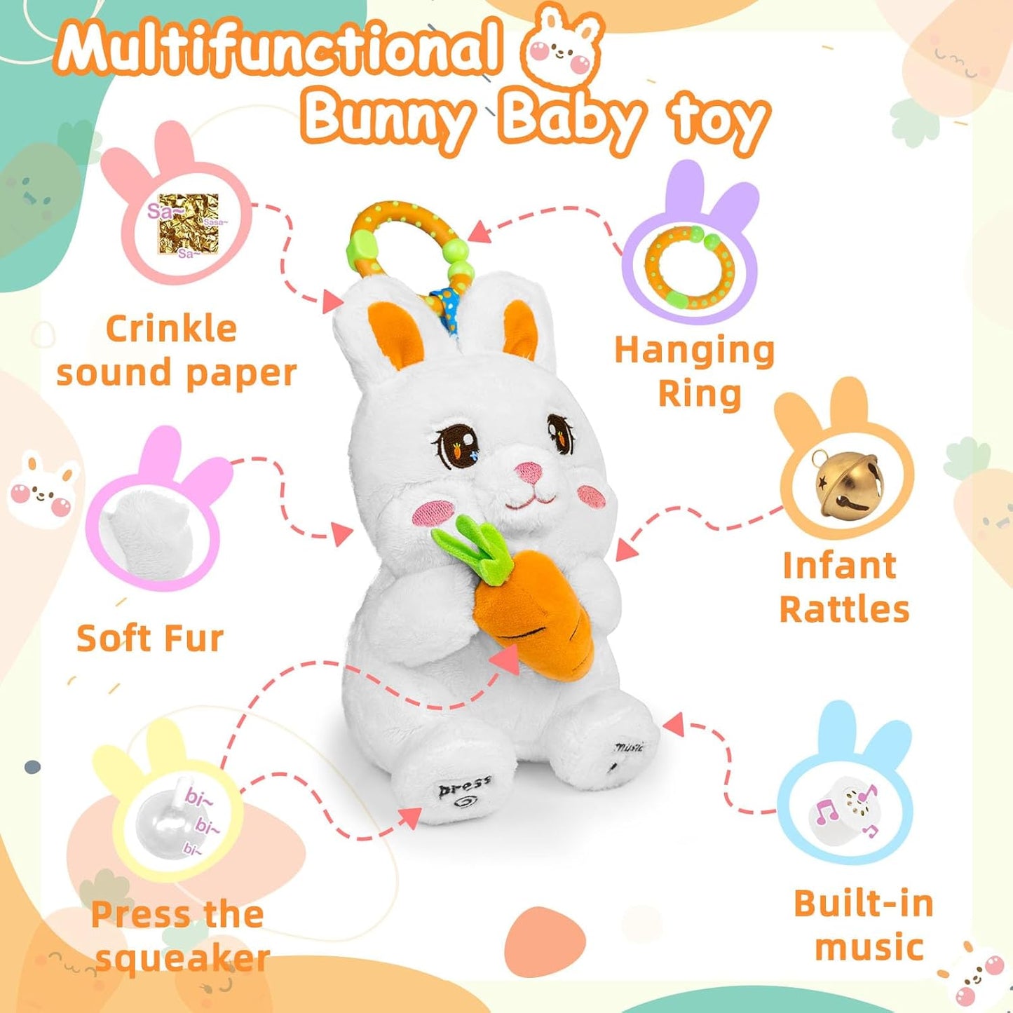 Baby Toys 0-6 Months,Infant Toy with Musical & Rattle, Girl Toys 0-6 Months,Baby Toy 6-12 Monthts,Soft Stuffed Animal Infant for 0-3-6-12 Month Old Boy Girls