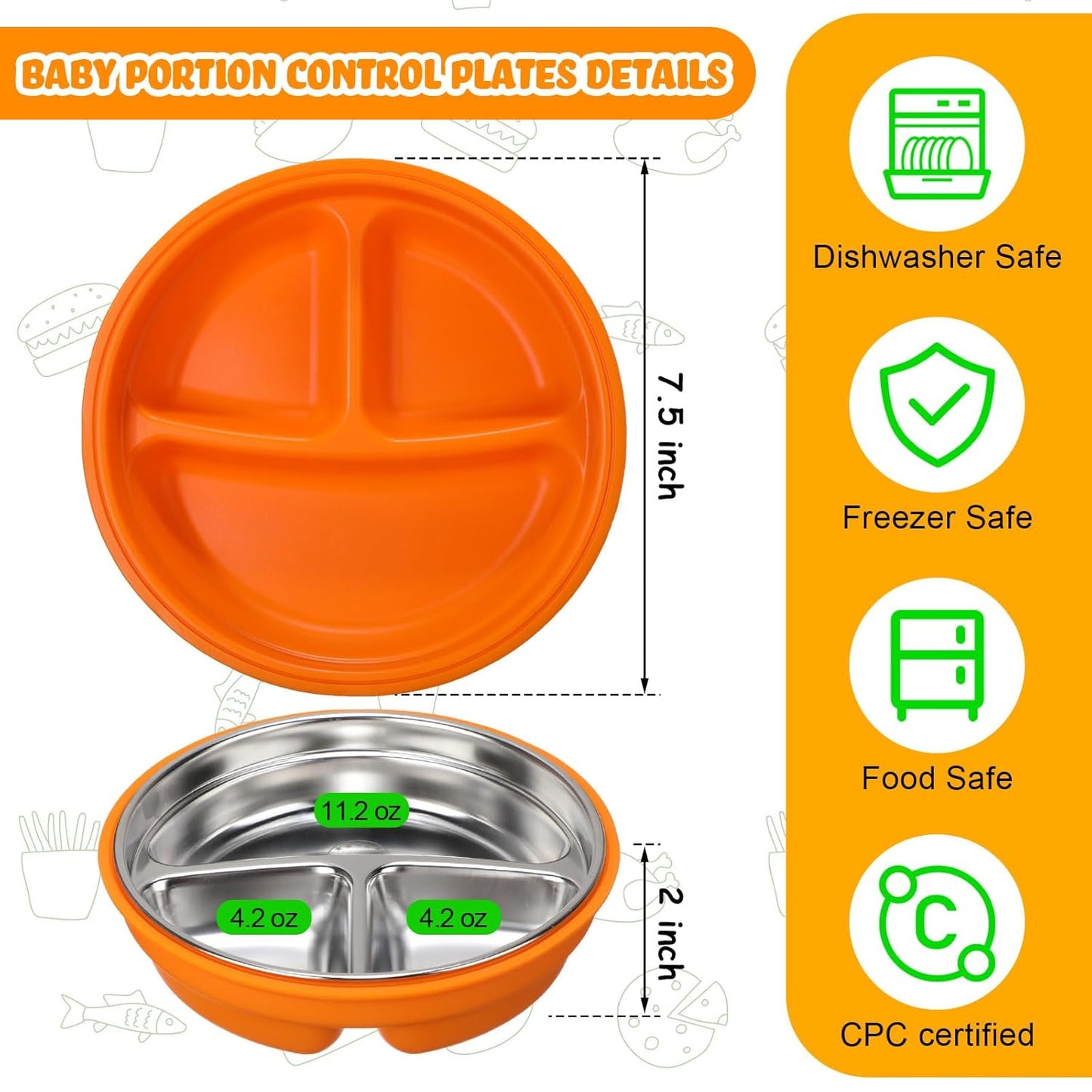 Nuogo 2 Pcs Stainless Steel Baby Suction Plates with Removable Silicone Shell 2-in-1 Metal Toddler Bowl Divided for Picky Eaters Kids Feeding Led Weaning Supplies, Dishwasher Safe (Orange,Red)