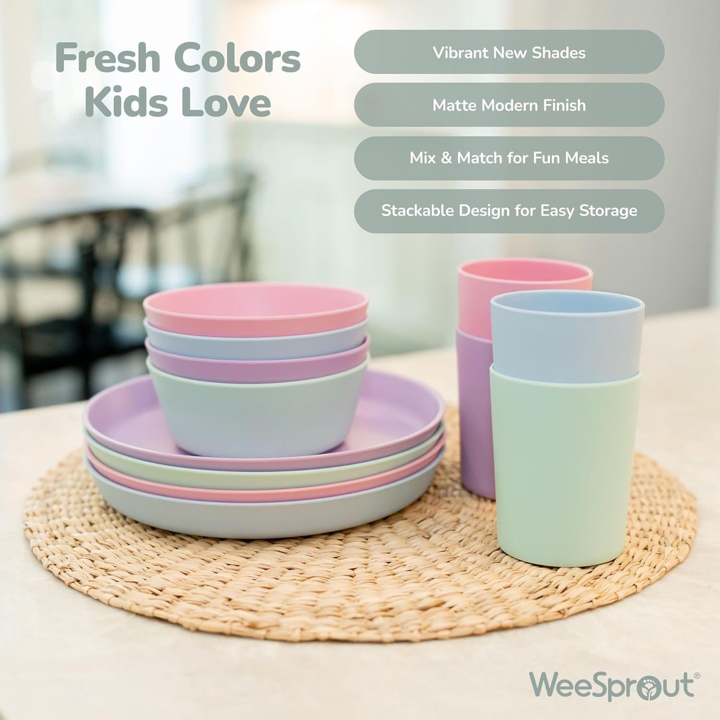 WeeSprout Bamboo Kids Bowls, Set of Four 10 oz Kid-Sized Bamboo Bowls, Dishwasher Safe Kid Bowls (Pastel Coral, Blue, Mint & Off White)
