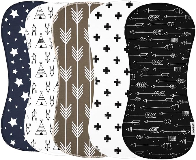 Dodo Babies 5-Pack Baby Burp Cloths - Soft Absorbent & Neutral Burp Cloths - Contoured Shoulder Fit & Baby Boy Essentials - Includes Pacifier Case & Pacifier Clip - Blue Grey Black, 2 Clips & 1 Case