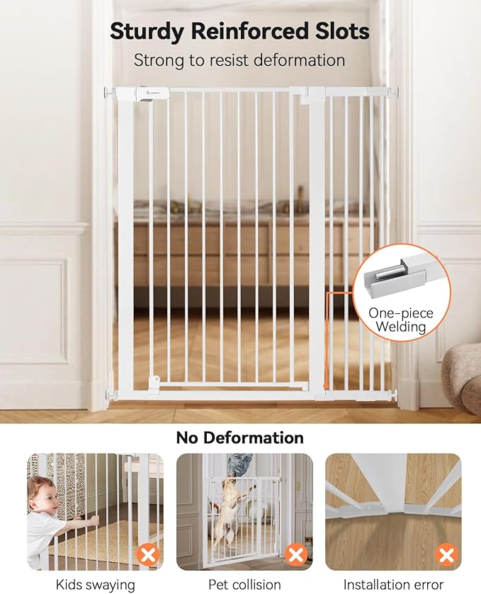 COMOMY 42" Extra Tall Baby Gate for Stairs Doorways, Fits Openings 29.5" to 40.6" Wide, Auto Close Sturdy Safety Dog Gate for House, Pressure Mounted Easy Walk Through Pet Gate with Door, White